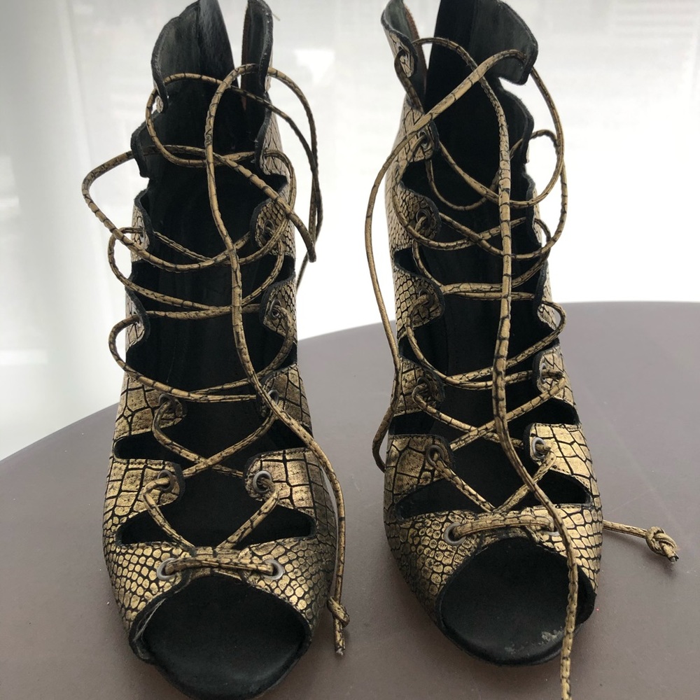 Schutz gold croc lace up heels